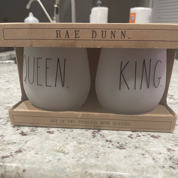 Rae Dunn new cup set says king and queen.  Can be used as stemless wine glasses - Picture 2 of 3